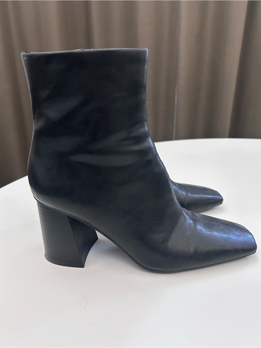 Mango Black Leather Square Toe Ankle Boots with Sculpted Block Heel